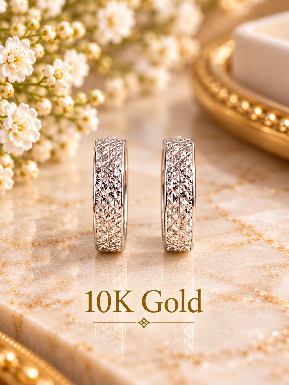 10K White Gold Kids Petite Textured Hoop Earrings NEW